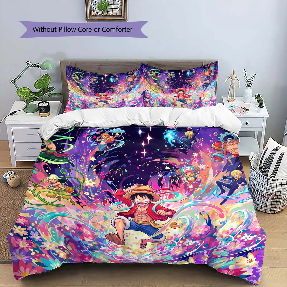 One Piece Luffy Patterned Pillowcase & Duvet Cover Set Anime Decorative Themed Bedding Bedroom Fan Gift Option.-TING