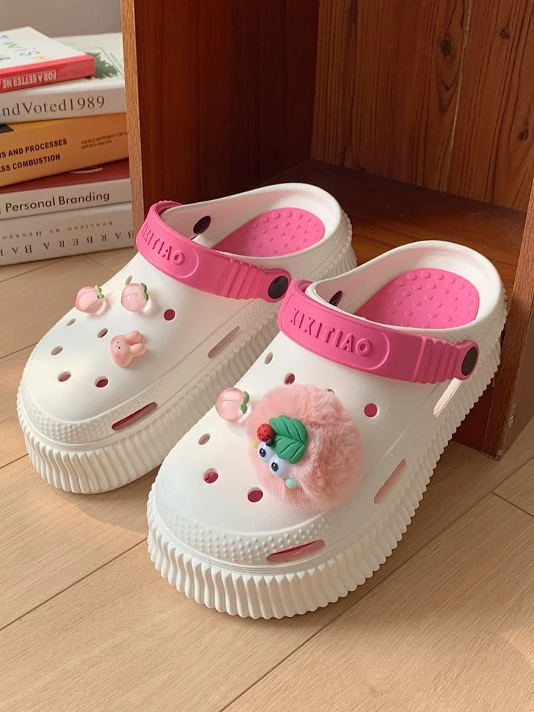 Cute Plush Toy Hole Shoes Garden Shoes Women's Fashion Outwear Tall Thick Sole Slippers Summer Hollow Out Sandals