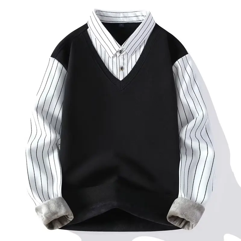 

Casual Striped Busin Men's Knitted irt Upper Body Fake Two-Piece Sweater Comfortable Loose Fit Long Sve Winter Faion