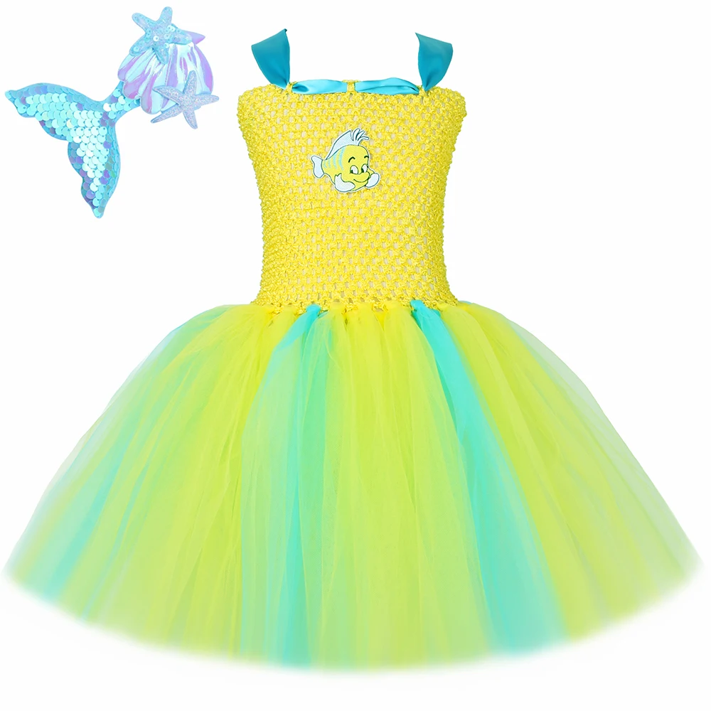 Little Mermaid Flounder Costume Toddler Kids Yellow Tropical Fish Tutu Dress for Girls Halloween Birthday Party Dress Up Clothes