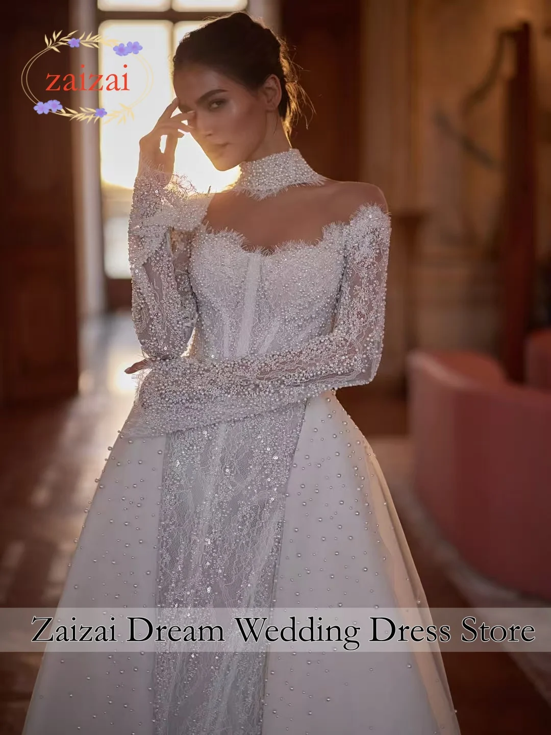 

Customized Luxury Pearls Lace Wedding Dress Detachable Train Mermaid Long Bridal Gown Beaded Dresses For Bride Vestidos De Novia