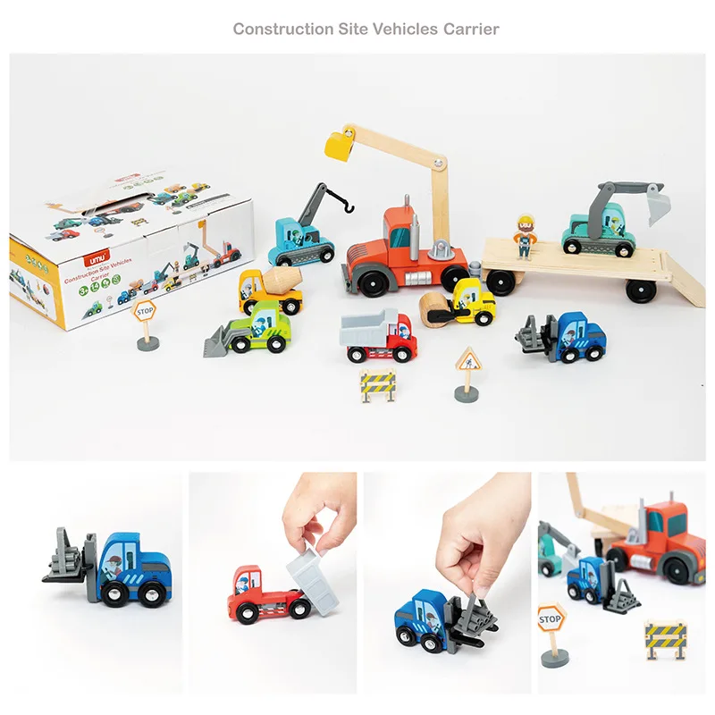 Vehículos de sitio de construcción, Carrier Boys Engineering Car Model Excavating Earth Roller Lifting Truck, bloques de construcción, juguetes de madera