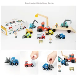 Construction Site Vehicles Carrier Boys Engineering Car Model Excavating Earth Roller Lifting Truck Building Blocks Wooden Toys