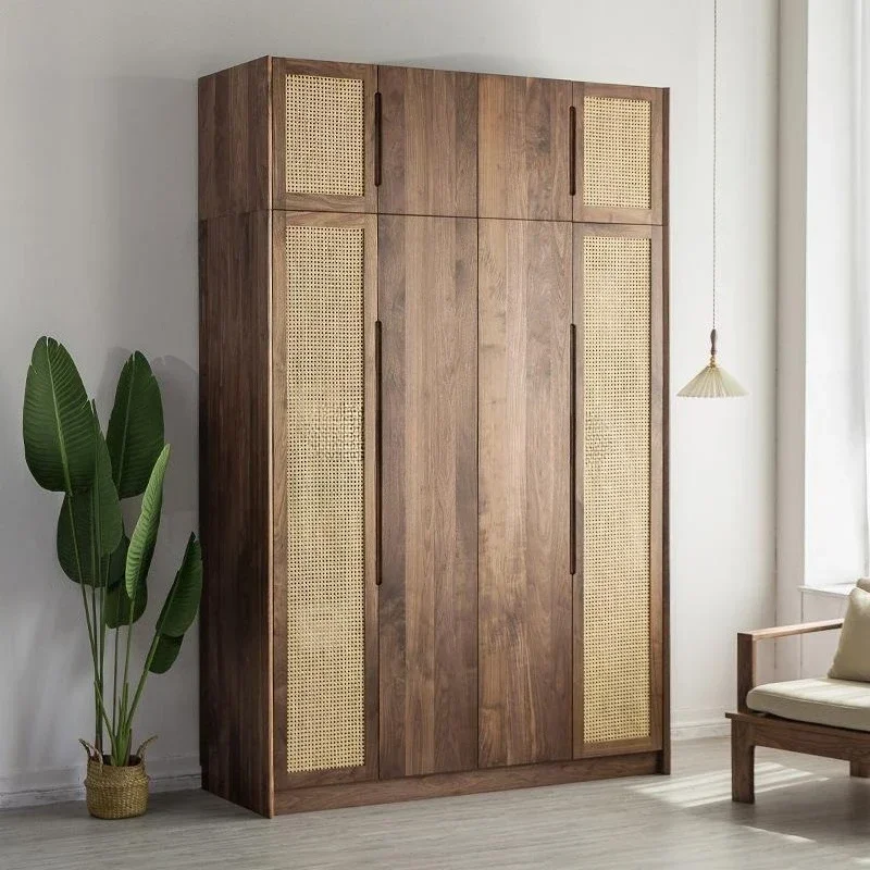 Nordic assembly rattan solid wood wardrobe rattan black walnut cherry wood simple furniture