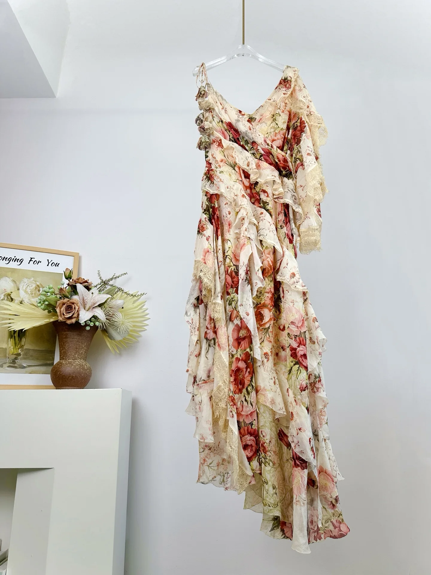 2025 novas mulheres flor impressão maxi vestido renda costura em camadas com decote em v de um ombro elegante senhoras 100% seda robe