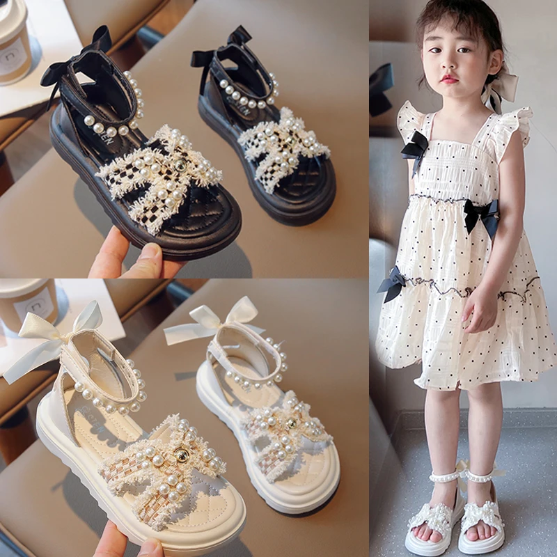 Summer Girls' Fashion Bowtie Small Fragrant Flat Heel Roman Sandals Children's Pearl Soft Sole Princess Shoes Size 26-36 Gift