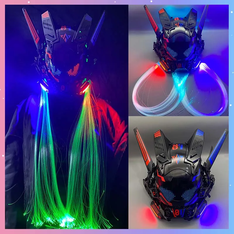Cyber Punk Mask Cosplay Costumes Sci-Fi Mech Warrior With LED Screen And Glowing Braid Halloween Party Coser Props Adult Gift