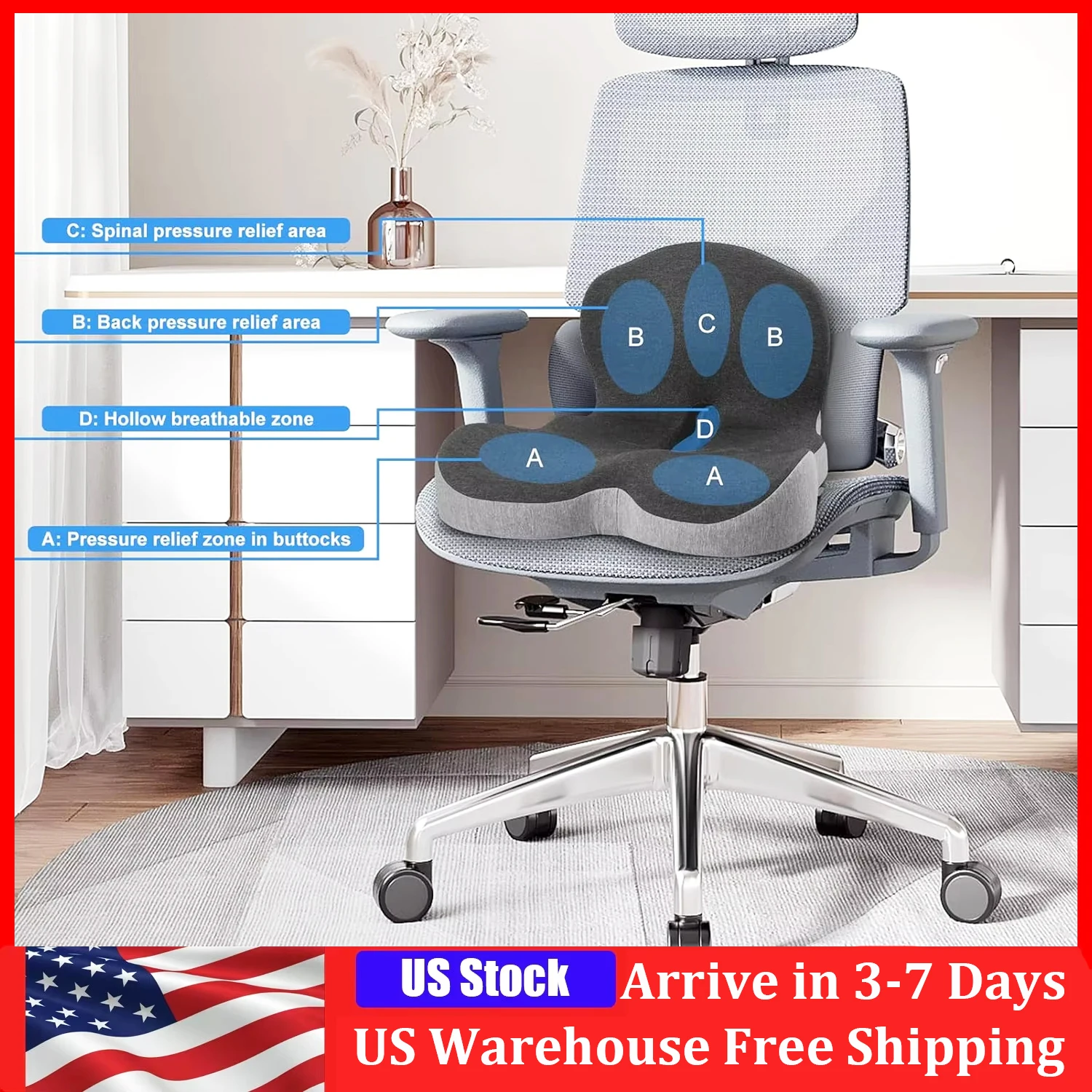 Memory Foam Cushion One-piece Seat Backrest Pillow Buttocks Cushions Office Chair Relief Cushion With Breathable Backrest