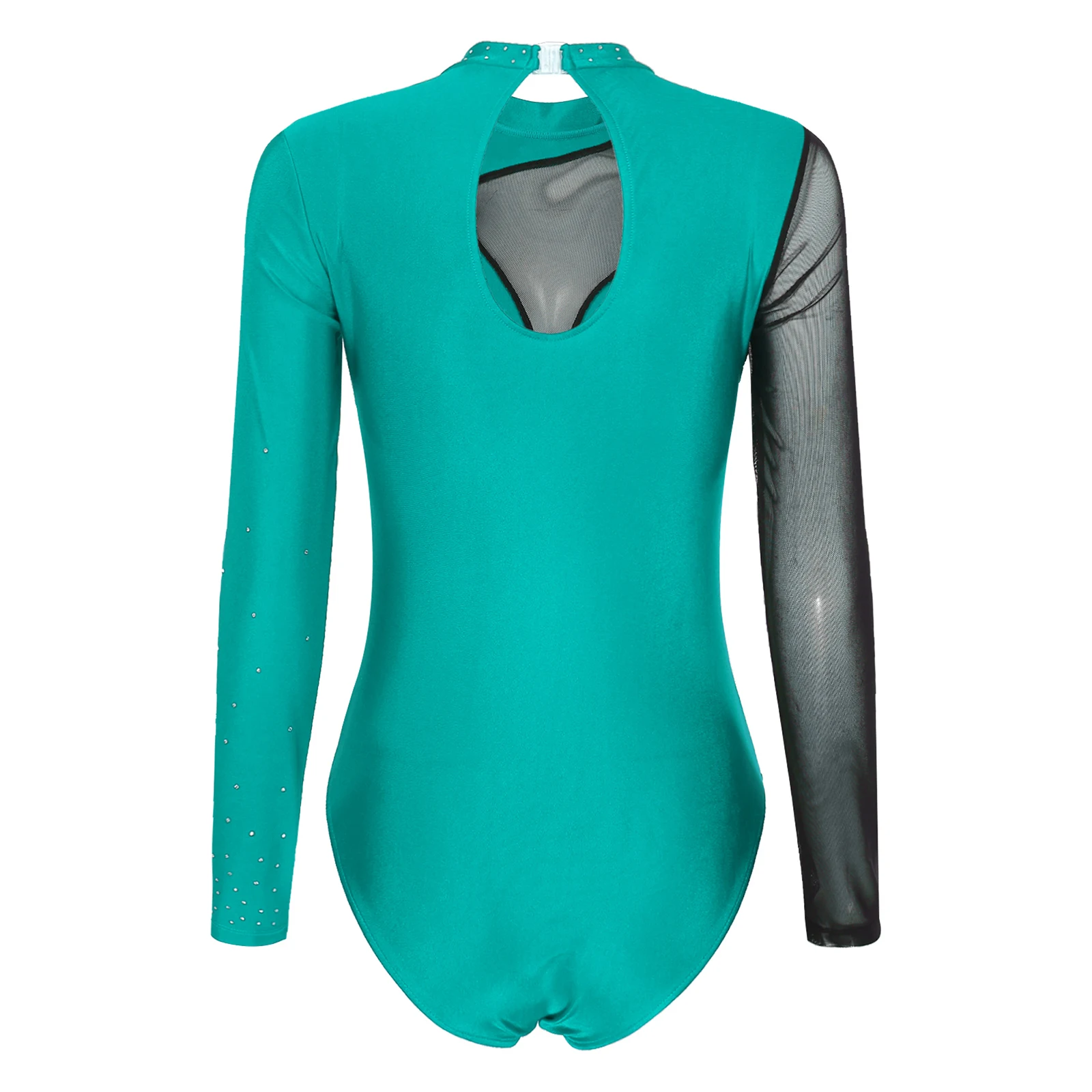 ผู้หญิง Rhinestone สเก็ตลีลาเต้นรํา Leotard แขนยาวตาข่าย Patchwork พร้อม Keyhole สําหรับยิมนาสติก STAGE Performance