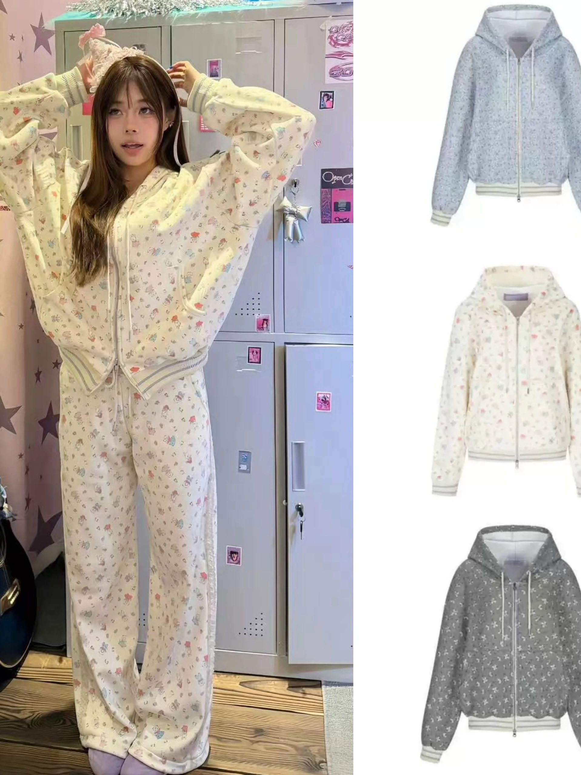 

Casual Rabbit Print Hooded Zipper Jaet Long Pants Set Scarf Hat Women's Faion Ensemble Cotton Long Sve Cardigan