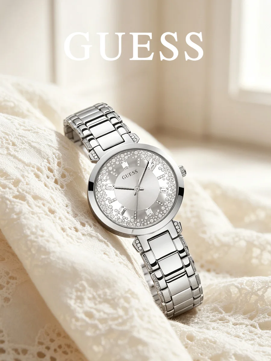 Guess Women's Watch Silver Tone Stainless Steel Analog Quartz Wristwatch Rhinestone Bezel Crystal Accents Fashion Accessory Wear