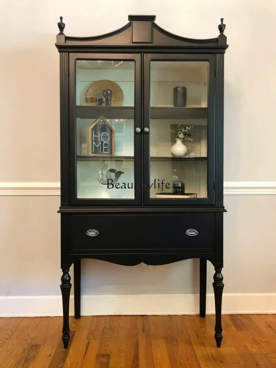 

LJY*Solid Wood Wine Cabinet European Retro Double Door Glass Door Curio Cabinet