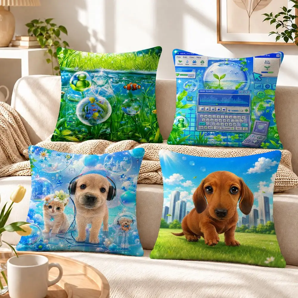 Art Frutiger Aero Cushion Cover Soft Short‑Plush Pillowcase, Decor for Sofa & Bedroom, Perfect Holiday Gif