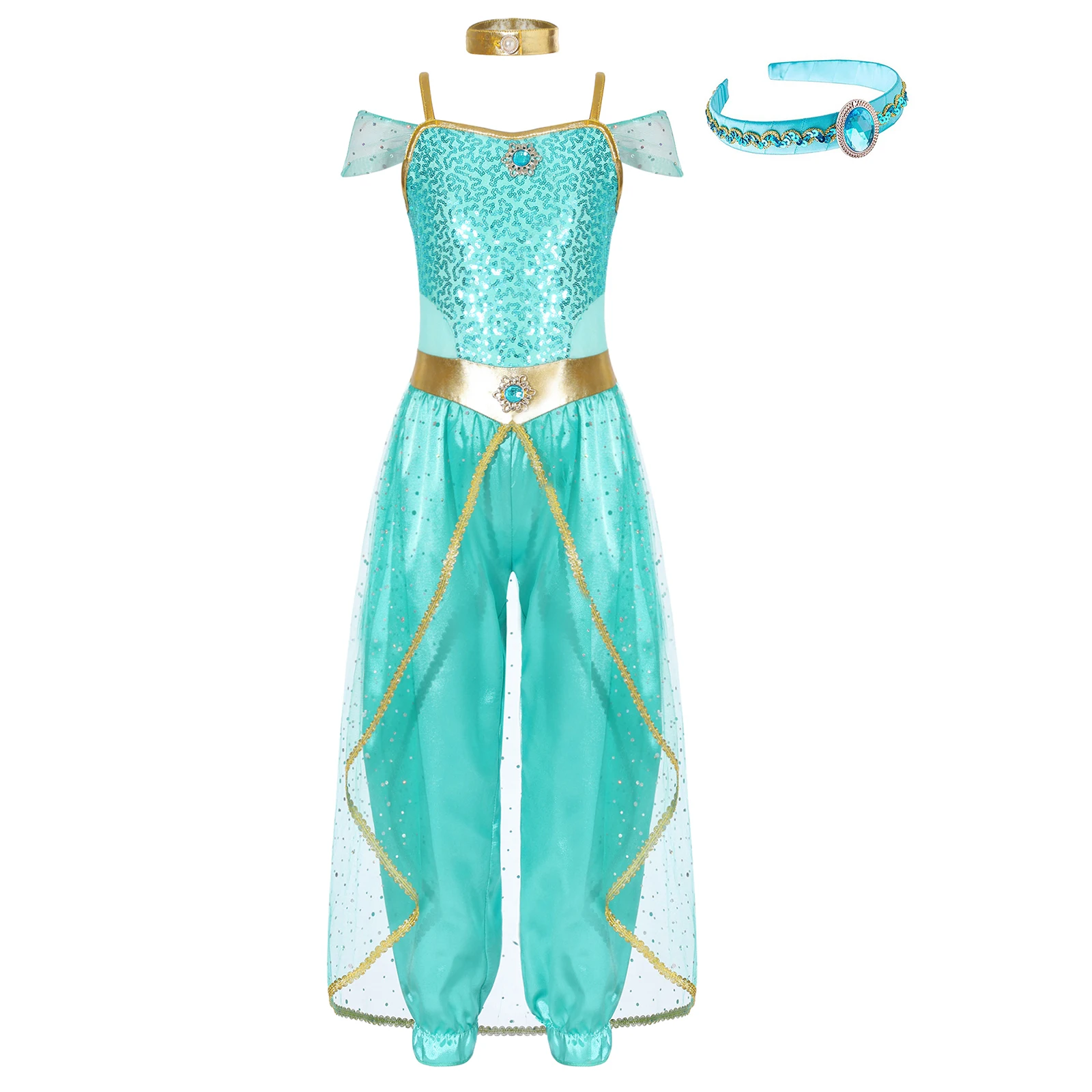 หญิงเจ้าหญิงอาหรับชุด Glitter Tulle Jumpsuit ชุดคาดศีรษะเด็ก Oriental Dancewear ฮาโลวีน Carnival Party Dress Up