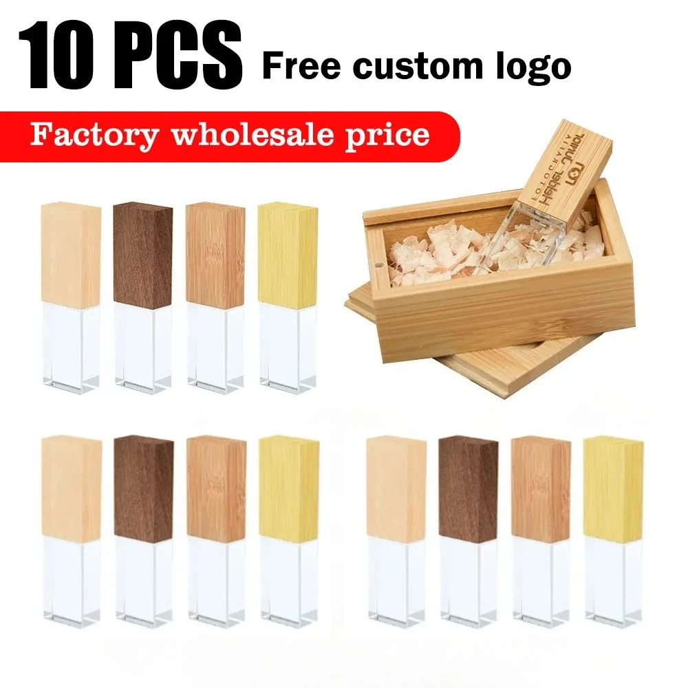 10 قطعة مجموعة صندوق خشبي كريستال القيقب محرك فلاش USB شعار مخصص مجاني لطيف ميموري عصا الخشب محرك القلم 32 جيجابايت 64 جيجابايت 128 جيجابايت #1