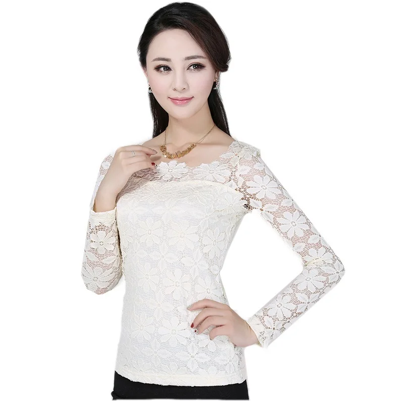 Sexy Hollow Women Blouse Long-sleeved Lace Shirts Plus Size blusas femininas elegante Lace blouse