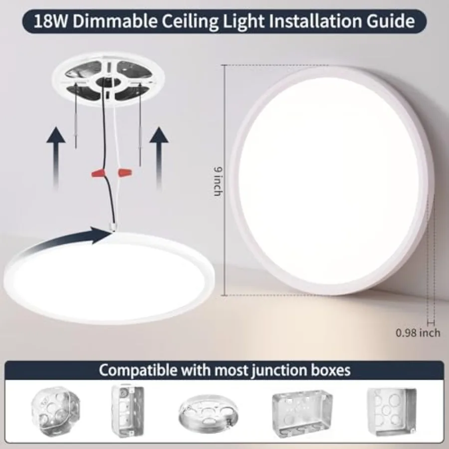 Flush Mount Ceiling Light, 5 Color Adjustable Slim 18W 1800LM 2700K-6500K Wired LED Fixture, Modern Low Profile LED Ceilg Lamp