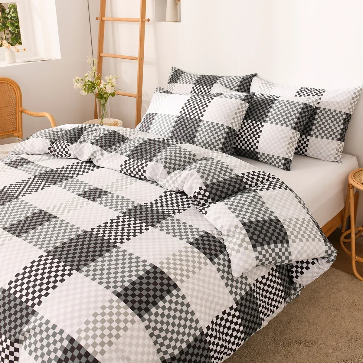 Plaid Duvet Cover Set Queen King Size Geometric Bedding Set Modern Abstract Square Mosaic Grid Comforter Cover With Pillowcases