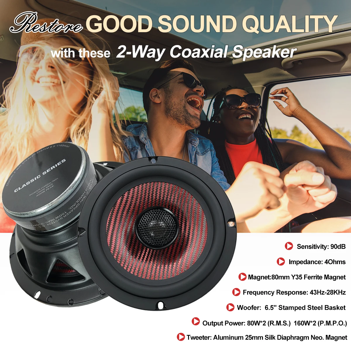High Quality Zeming ZM-YS-605 12V  6.5 Inch 2-Way Coaxial Universal Fit Outdoor Full Range Speakers(1pair 6.5 inch speakers)
