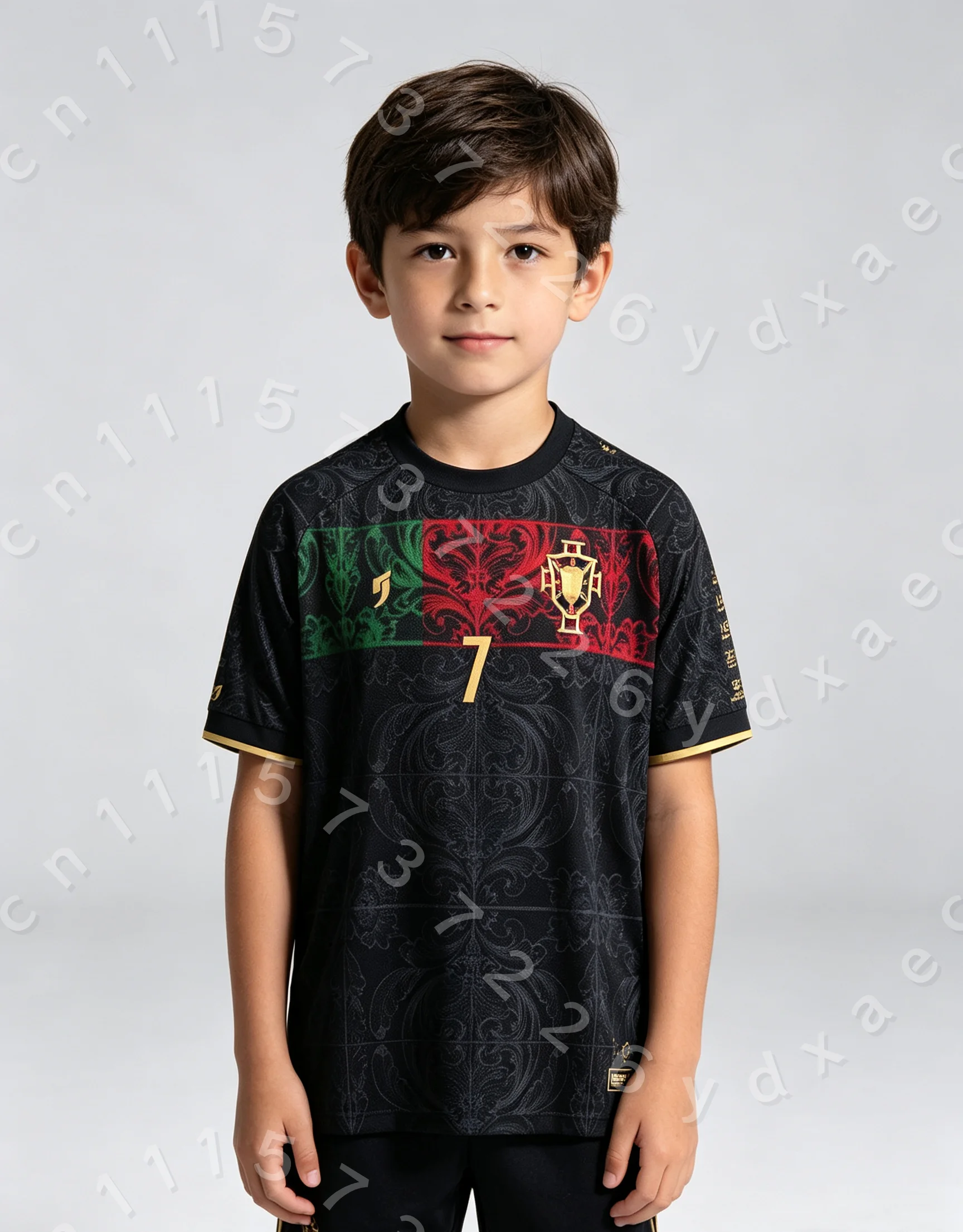 Parent Kid Portugal National Element Soccer Jersey Black Vintage Flora Red Green No.7 Breathable Sports Fan Short Sleeve T-shirt