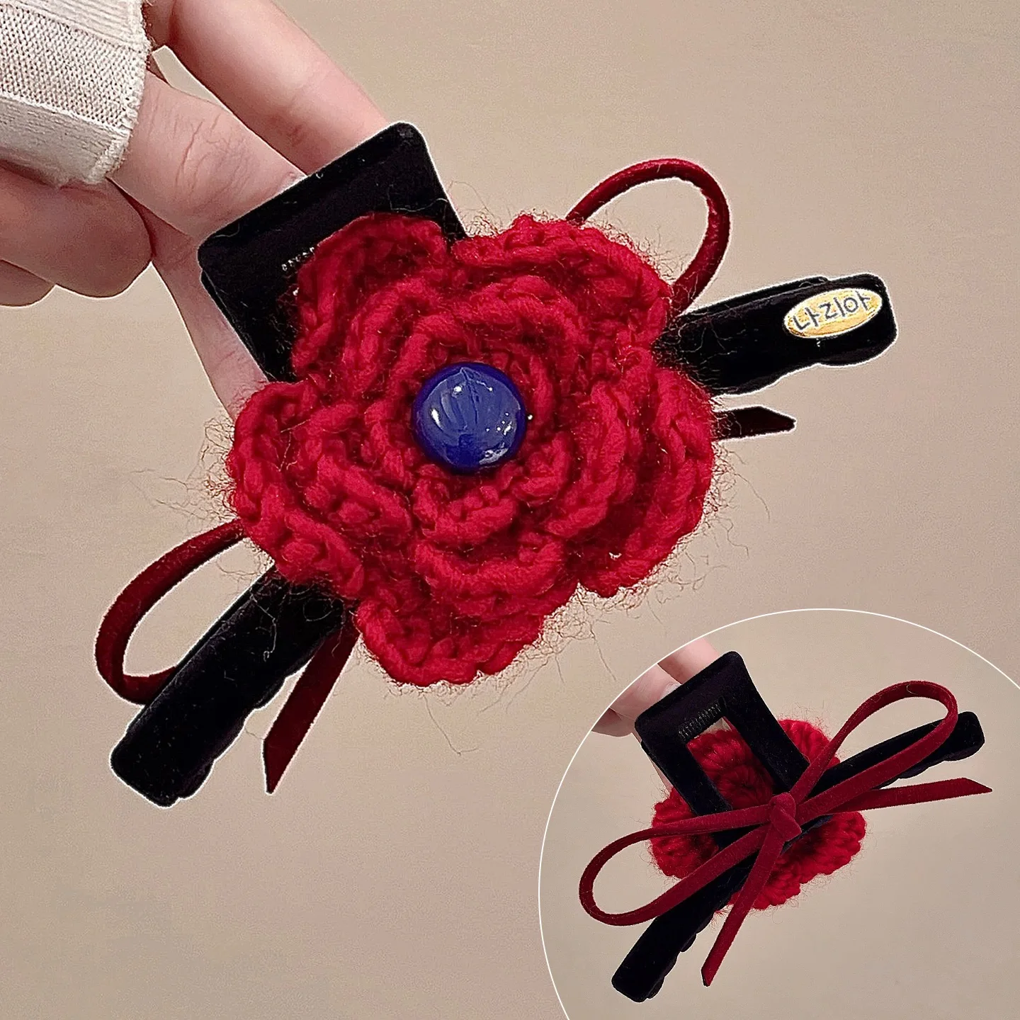 1 قطعة الخريف/الشتاء خمر محبوك الأزهار المخملية مشبك شعر ، الجزء الخلفي من رئيس مشبك شعر أنيق ، 2025 جديد الراقية أوبدو القرش كليب #5