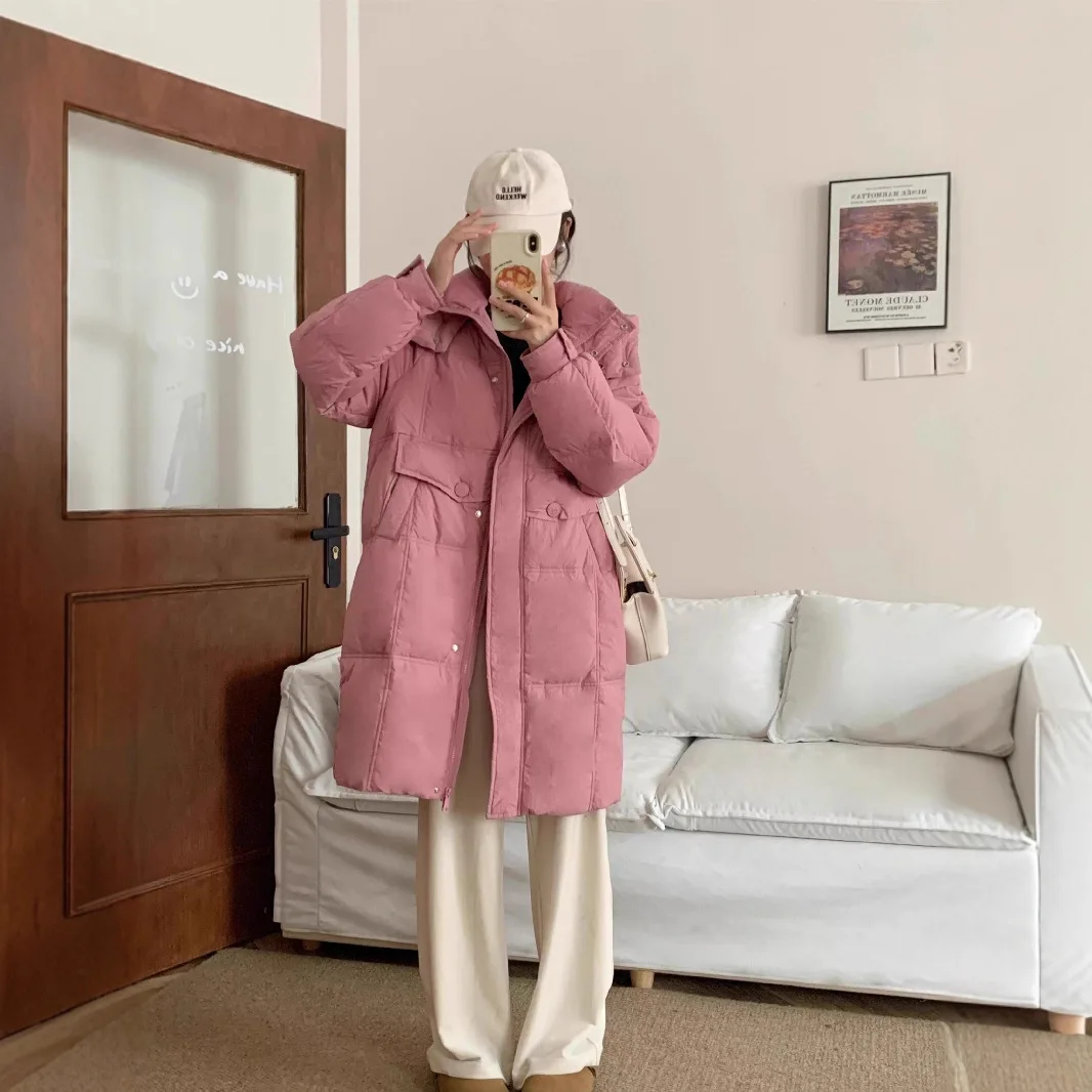 レディース服 2025年冬新作 韓国版 ロング丈 フード付き ダウンジャケット レディース ゆったり 厚手 ダックダウンジャケット