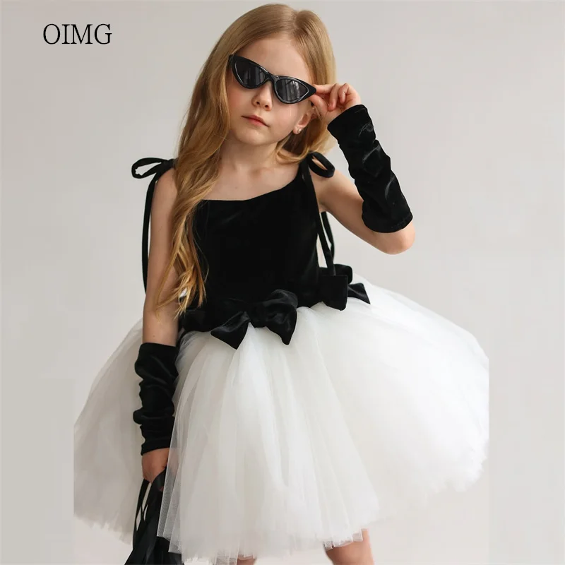 

OIMG Lovely Blocking Color A Line Flower Girl Dresses Spaghetti Strap Wedding Party Dress Knee Length Birthday Dress Customized