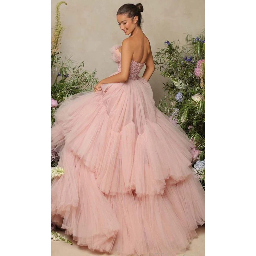 Gorgeous Strapless Pleat Dresses for Prom Elegant Beading Sequined Sweep Train Party Gowns Fluffy Formal Evening Dresses 2024