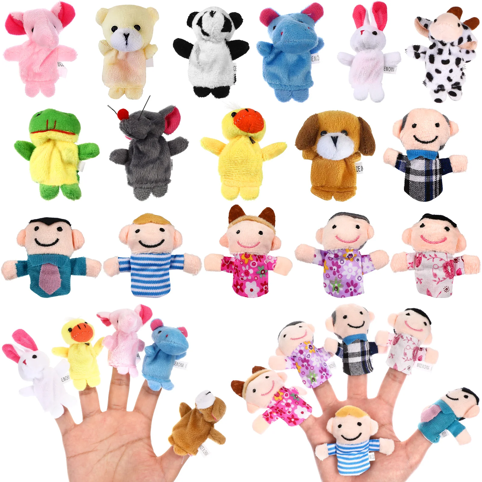 16pcs Plush Finger Puppets Set Animals Family Members Toys for Children Story Time Playtime (Random Pattern)