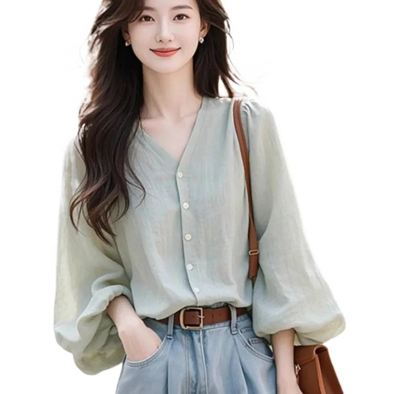 Langarmshirt im französischen Stil für Damen, 2025, Herbst, lockerer Chiffon-Blusen mit V-Ausschnitt