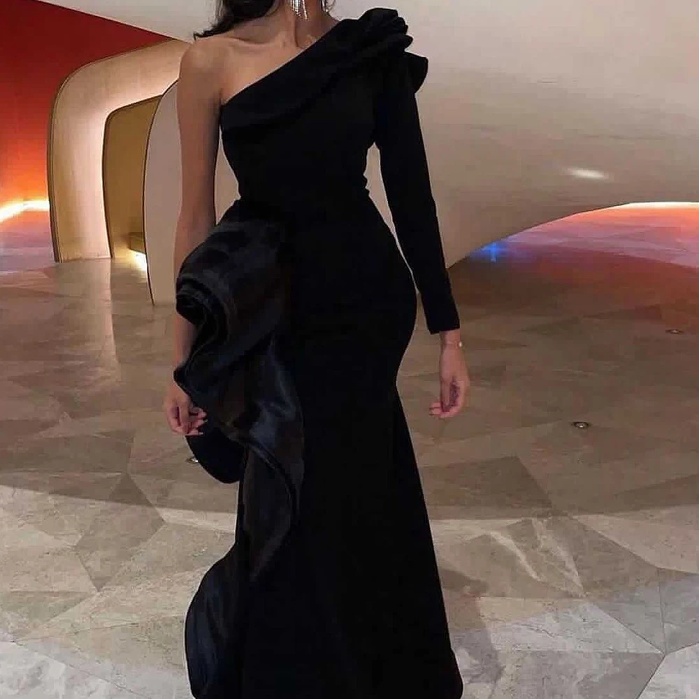 

One Shoulder Long Sleeves Floor Length Straight Jersey Pleats Saudi Arabia Evening Gowns Dresses For Formal Occasions Simple