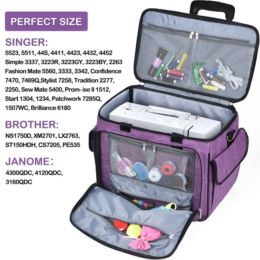 ローリングミシンケース、取り外し可能なローリングミシンキャリングケース（ホイール付き）、取り外し可能な底が付いたトロリートートバッグ
