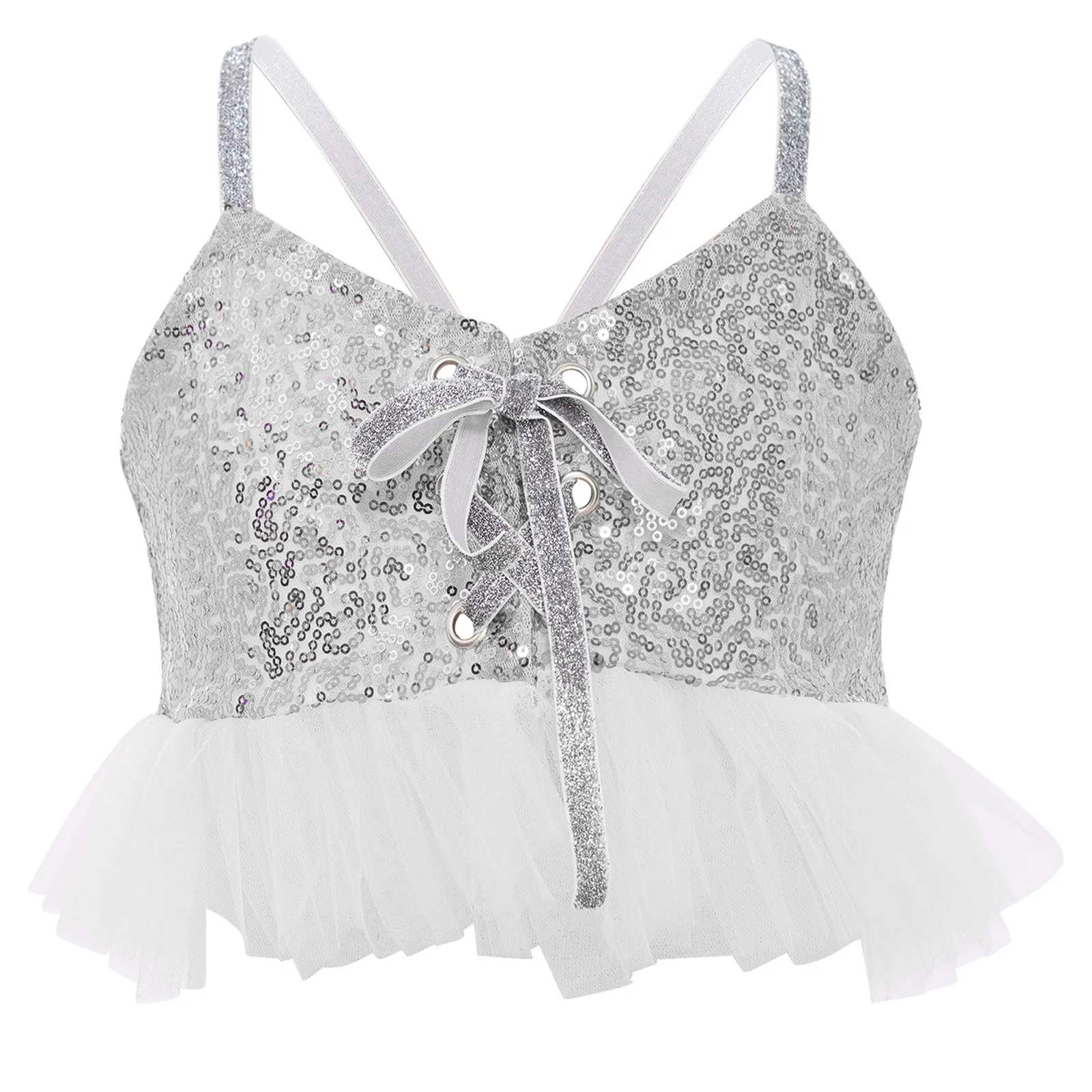 

Kids Girls Camisole Top Jazz Latin Dance Costume Glittery Sequins Spaghetti Straps Tulle Ruffles Crop Top Party Dance Costume