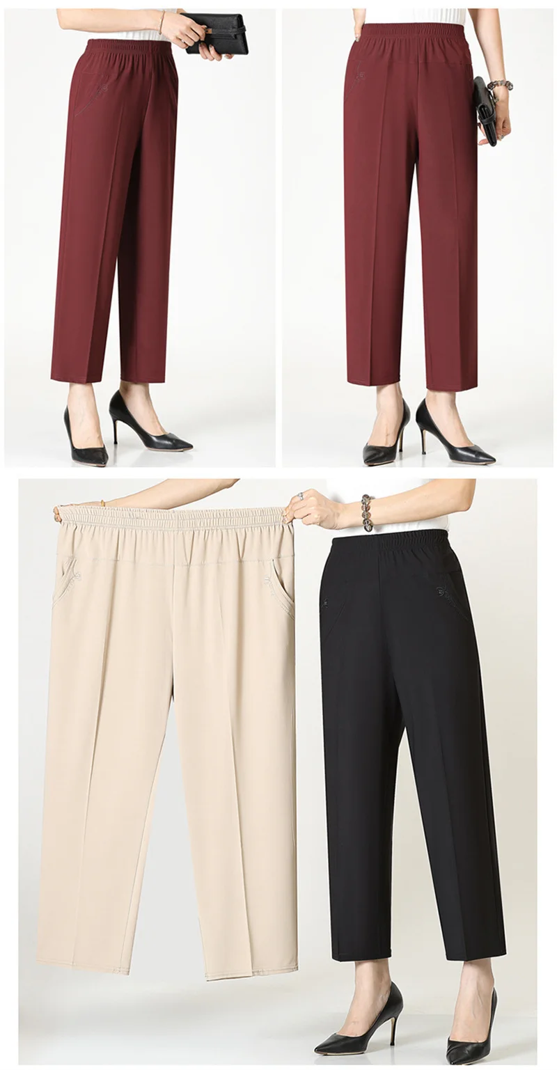 Extra Large Mom Summer Straight Pants Middle-Aged Women Elastic High Waist Grandma Ice Silk Cropped Pants Female Casual Pants