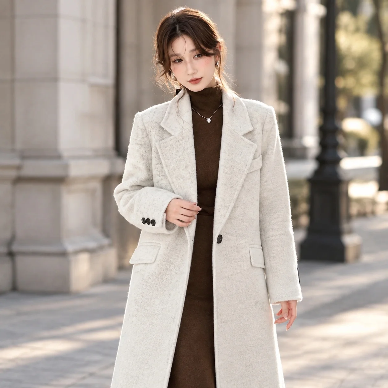 Thick Coat V Neck Long Length Commuter Style with Hand Finished Long Sleeve Single Breasted One Button Closure Women Autumn Coat
