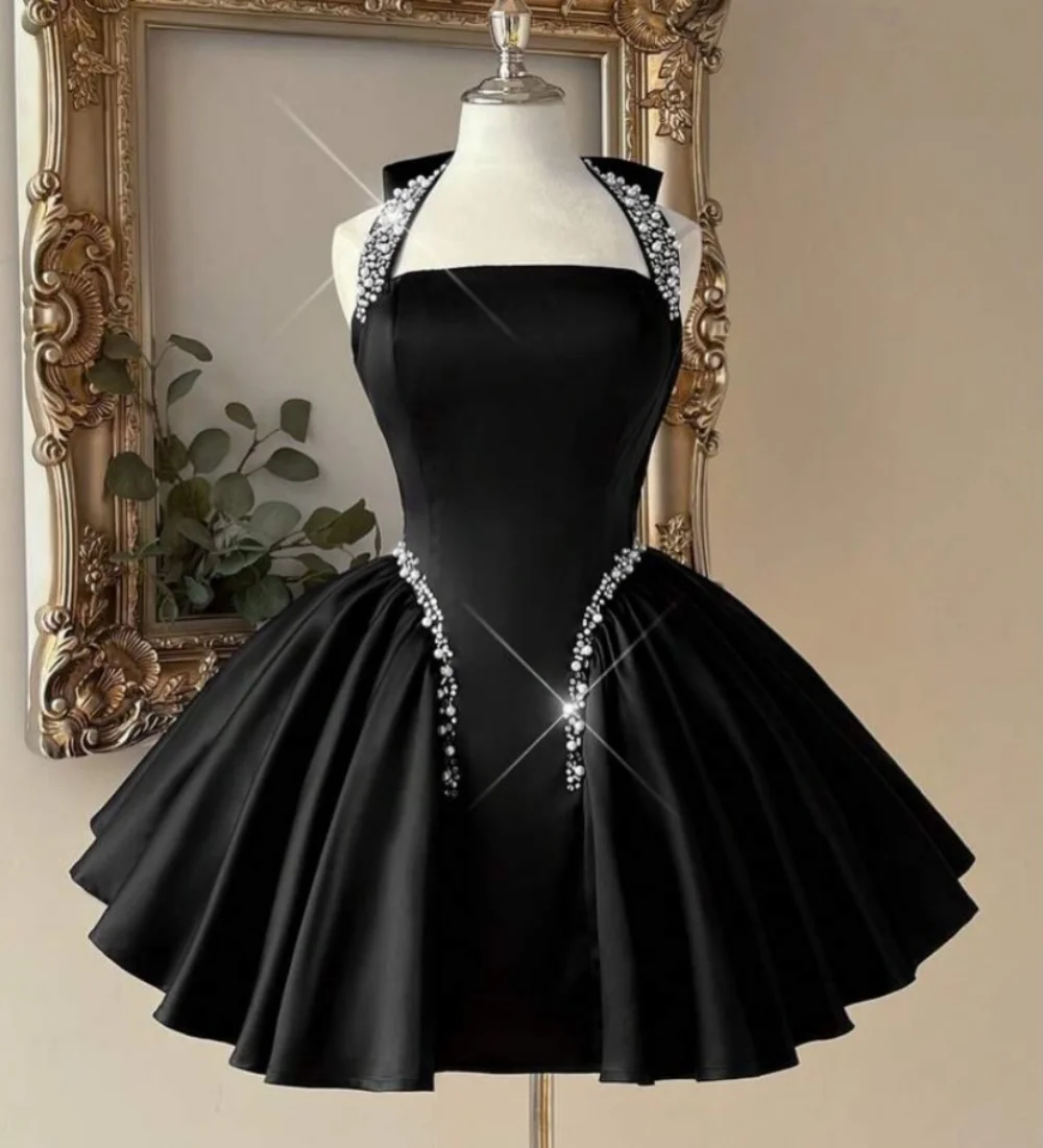 Customized Exquisite Charmeuse Pleat Sequined A-line Halter Mini Quinceanera Evening Dresses Matching Elegant