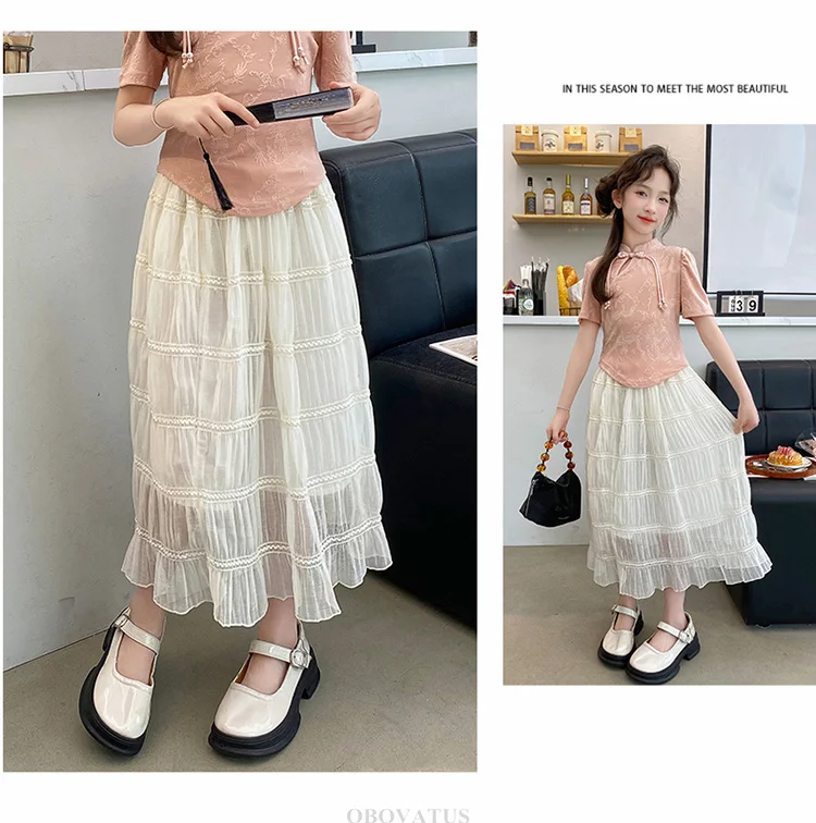 Langer weißer Spitzenrock für Mädchen, Teenager-Sommer-Tierock, Kinderkleidung mit hoher Taille, einfarbige Sommeroutfits für Kinder 5 7 9 13 14 – Detail 3