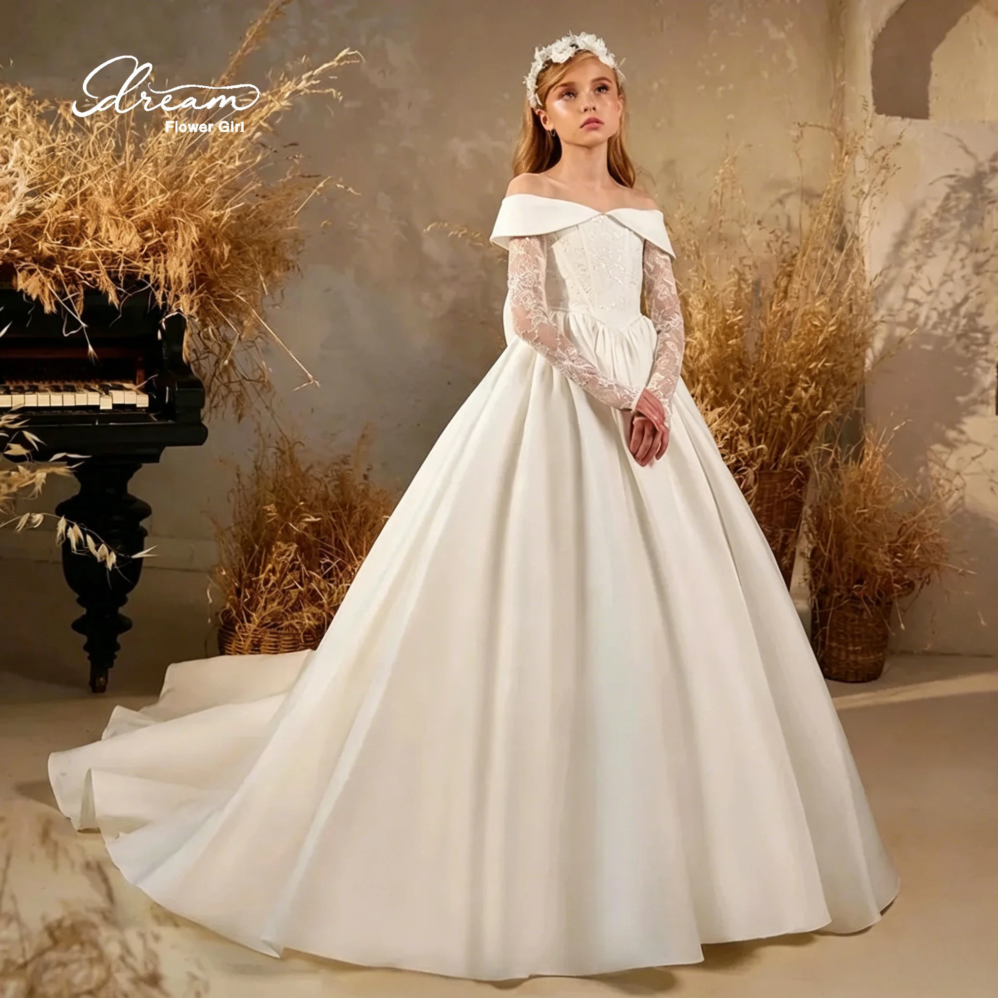 

Elegant one-shoulder fluffy ball-shaped skirt for party evening gown, featuring lace and a back bow tie.