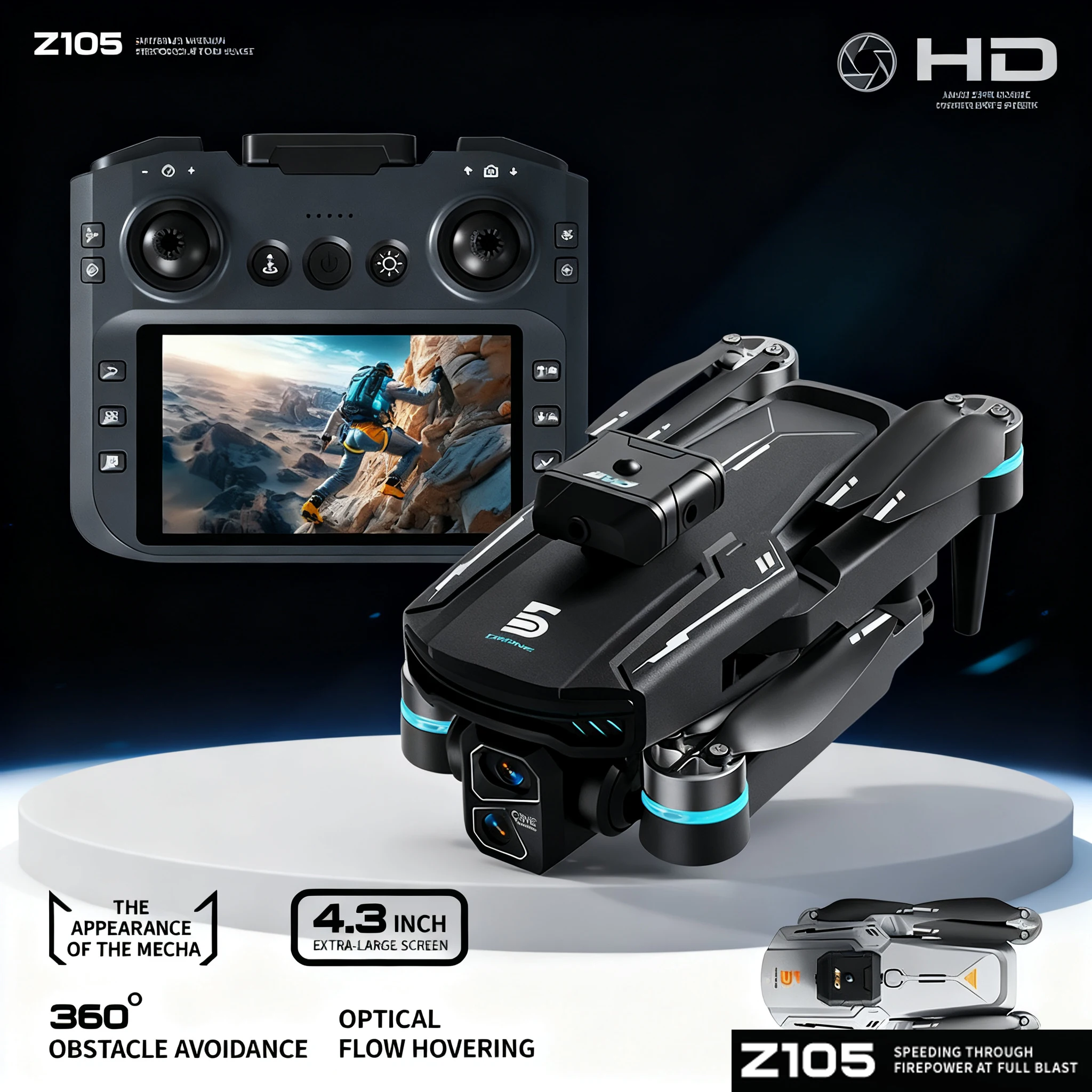 

Дрон Z105 155 г, легкий 4,3-дюймовый пульт дистанционного управления с большим экраном, камера 4K, оптический поток, предотвращение препятствий на 360 градусов, механический квадрокоптер