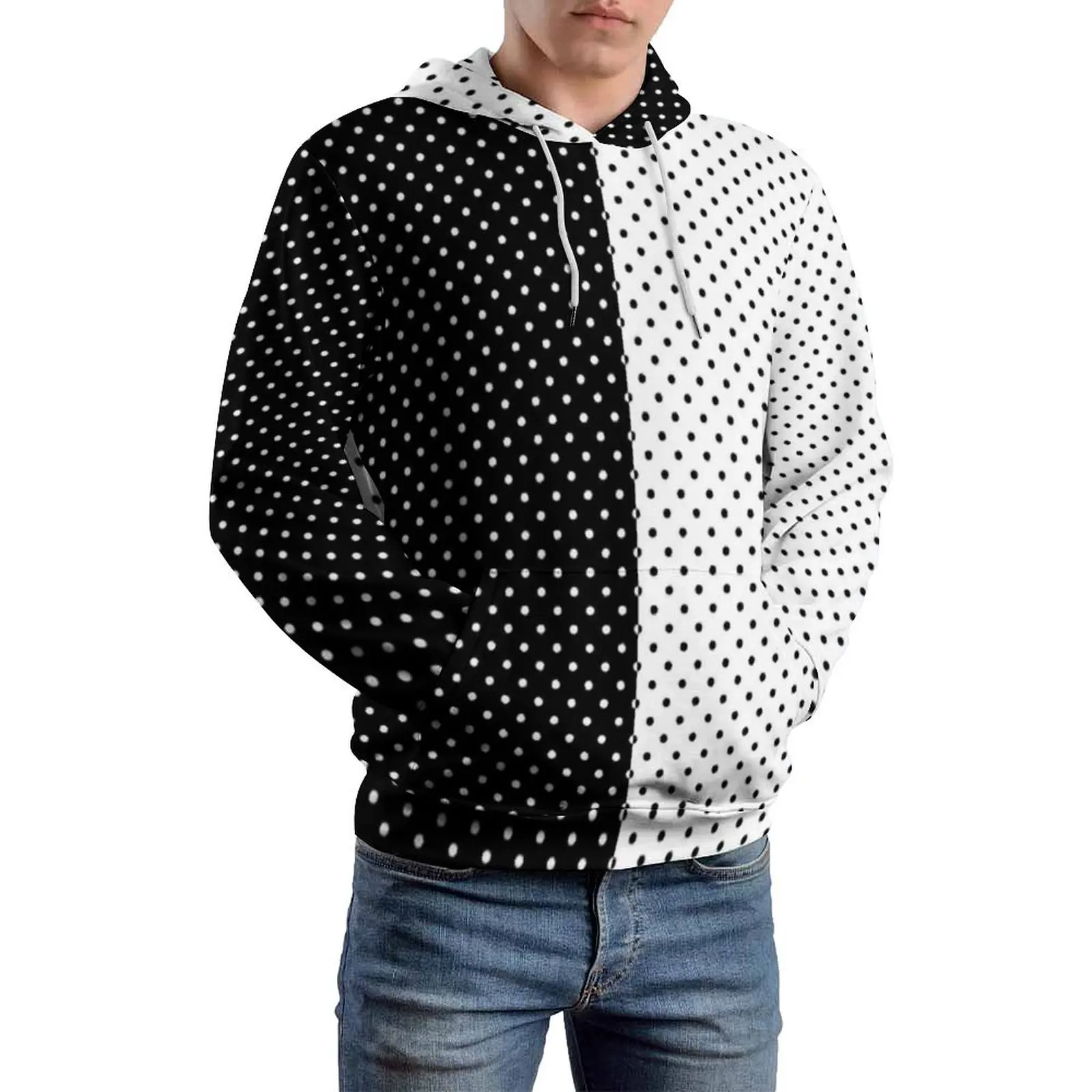 Polka Dot Black And White Loose Hoodies Two Tone Vintage Street Style Hoodie Men Long-Sleeve Graphic Sweatshirts Plus Size