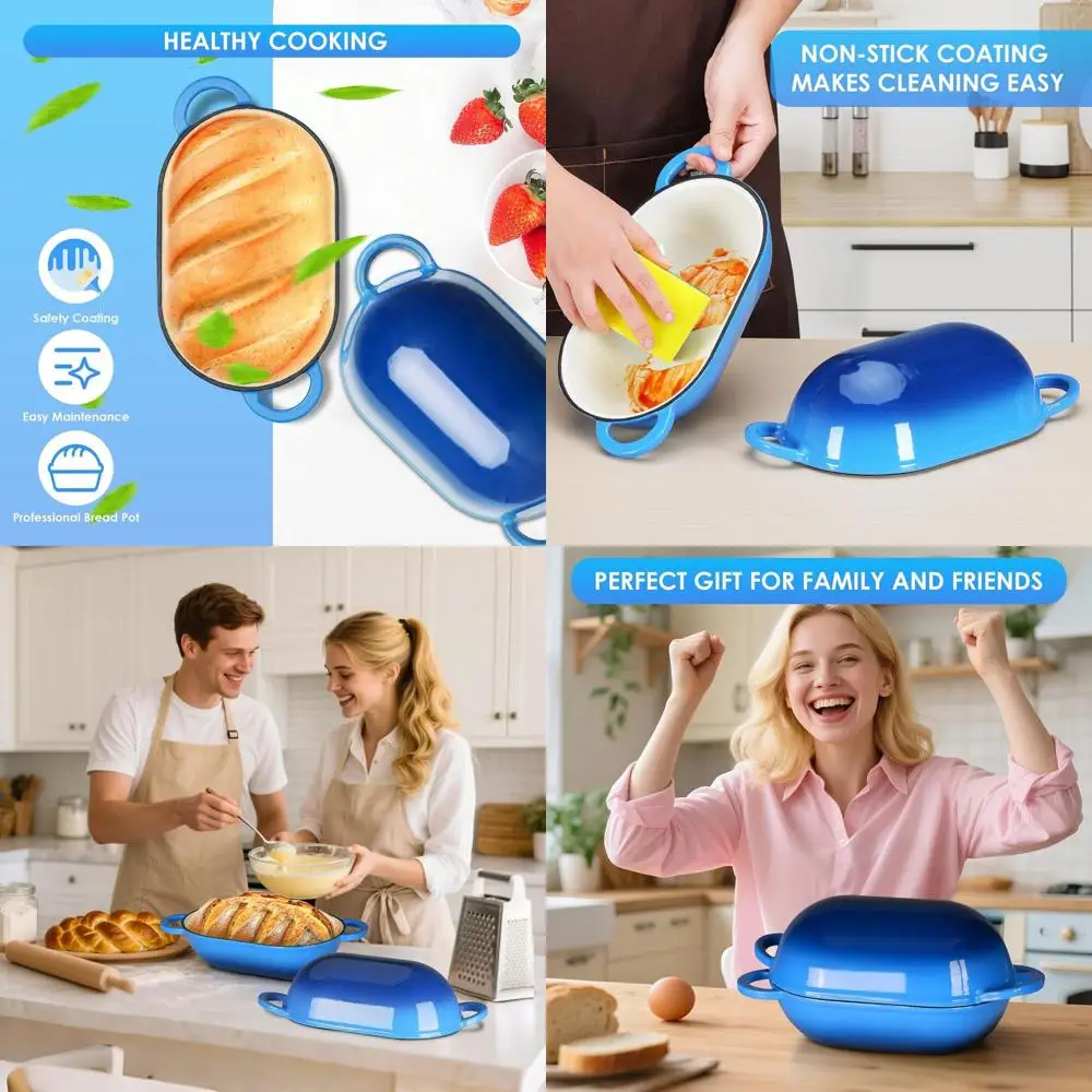 

Blue 2.5qt Non-Stick Enamel Cast Iron Dutch Oven for Sourdough Bread, Oven-Safe with Lid