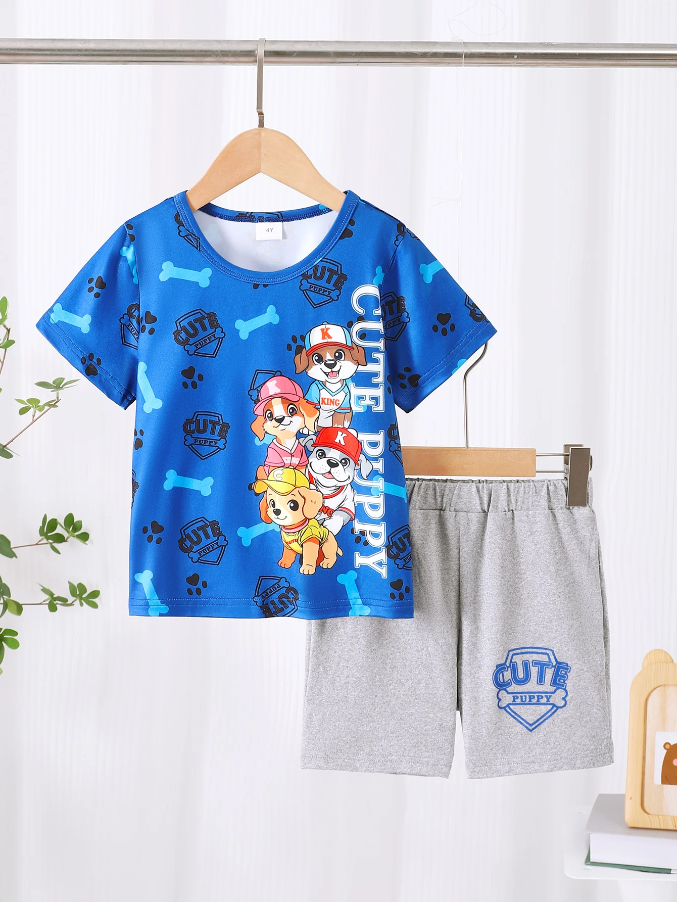 2PCS Fashion Boys' Summer Set Cute Dog Letter Printed Round Neck Short sleeved T-shirt+Grey Casual Shorts for 4-7Y Boys Children