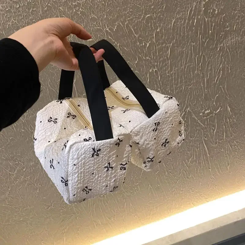 Cute Bow Printing Makeup Bag Portable Large Capacity Storage Toiletry Handbag Snack Bag