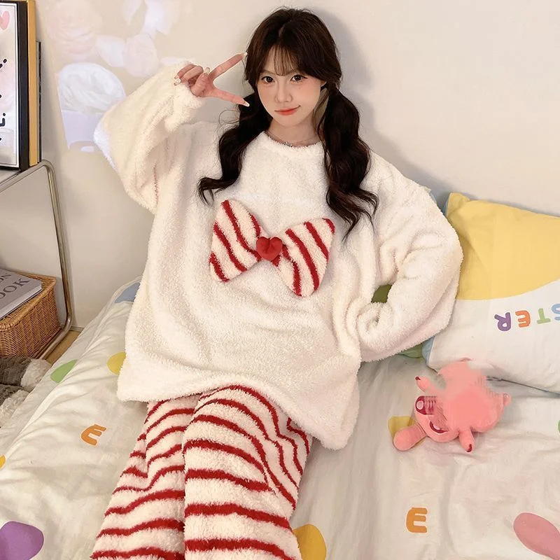 

pajamas Women's autumn winter coral fleece thicken keep warm flannel cute homewear suit Cute Pajama Set Long Sleeve Pajama Set