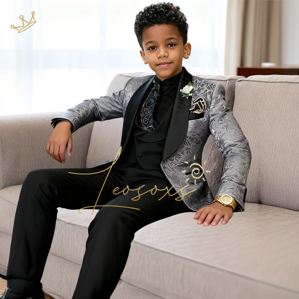 

Boys 3 Piece Jacquard Suit Ornate Pattern Blazer Vest Pants Gentleman Formal Attire for Elegant Celebrations