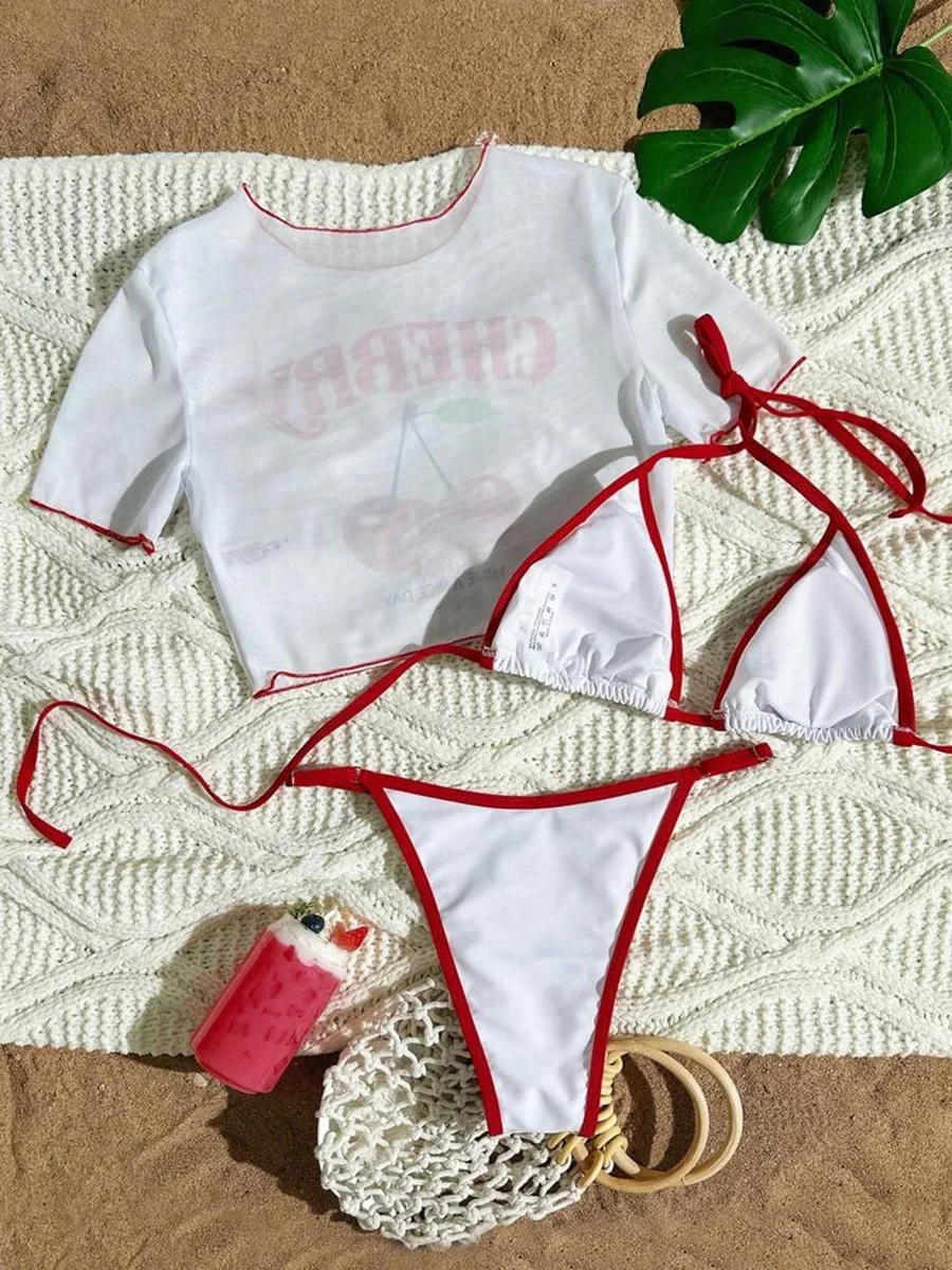 Cereja impressão malha manga curta mini biquíni feminino maiô feminino banho de três peças conjunto de biquíni natação beachwear