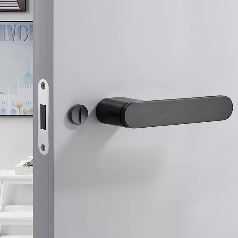 Black Gray Minimalist Door Lock Magnetic Silent Latch Interior Wooden Door Handle Stainless Steel Panel Furniture Hardware