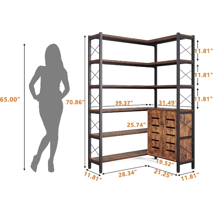6-Shelf Corner Bookshelf for Living Room, Metal Frame with Wood Veneer, Black Finish, Vintage Industrial Style, Open Storage De