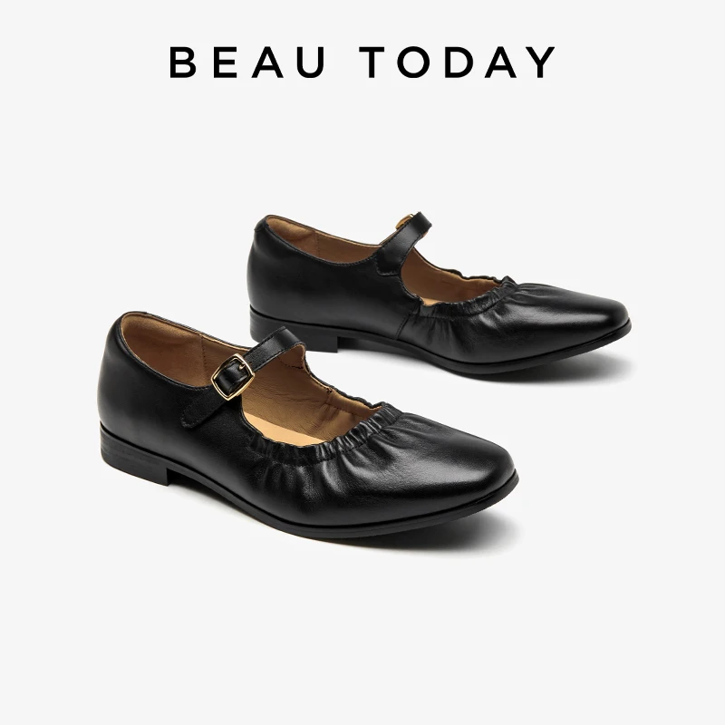 

BEAUTODAY Mary Janes Women Genuine Leather Square Upward Toes Buckle Strap Pleated Flats Female Casual Shoes Handmade HW28351