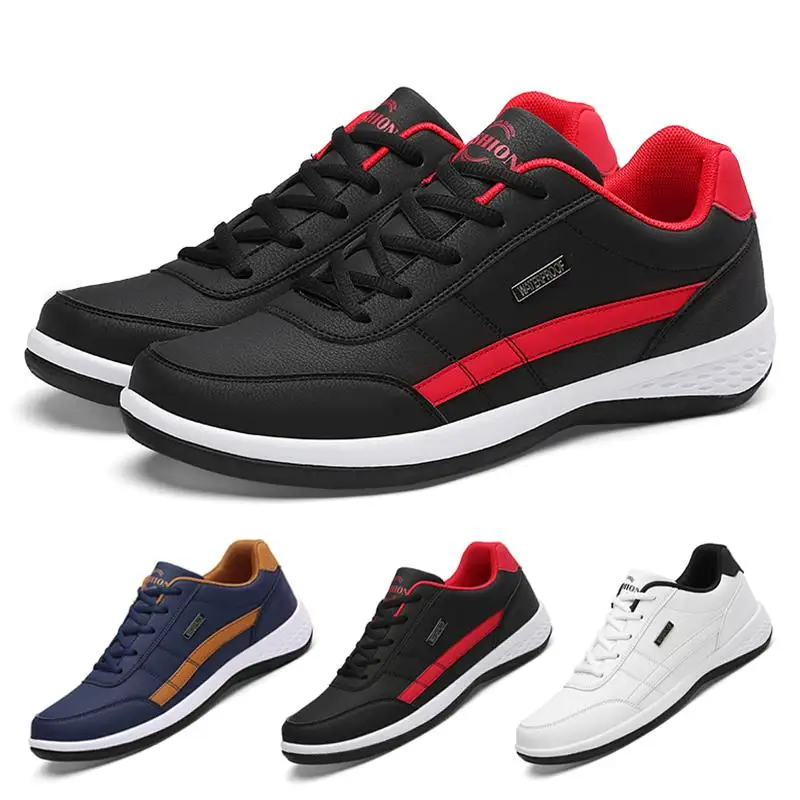 

Leather Casual Shoes Outdoor Men Sneakers Breathable Lightweight Men Tennis Shoes Non-Slip PU Lace Up Flat Shoes Plus Size 13.5